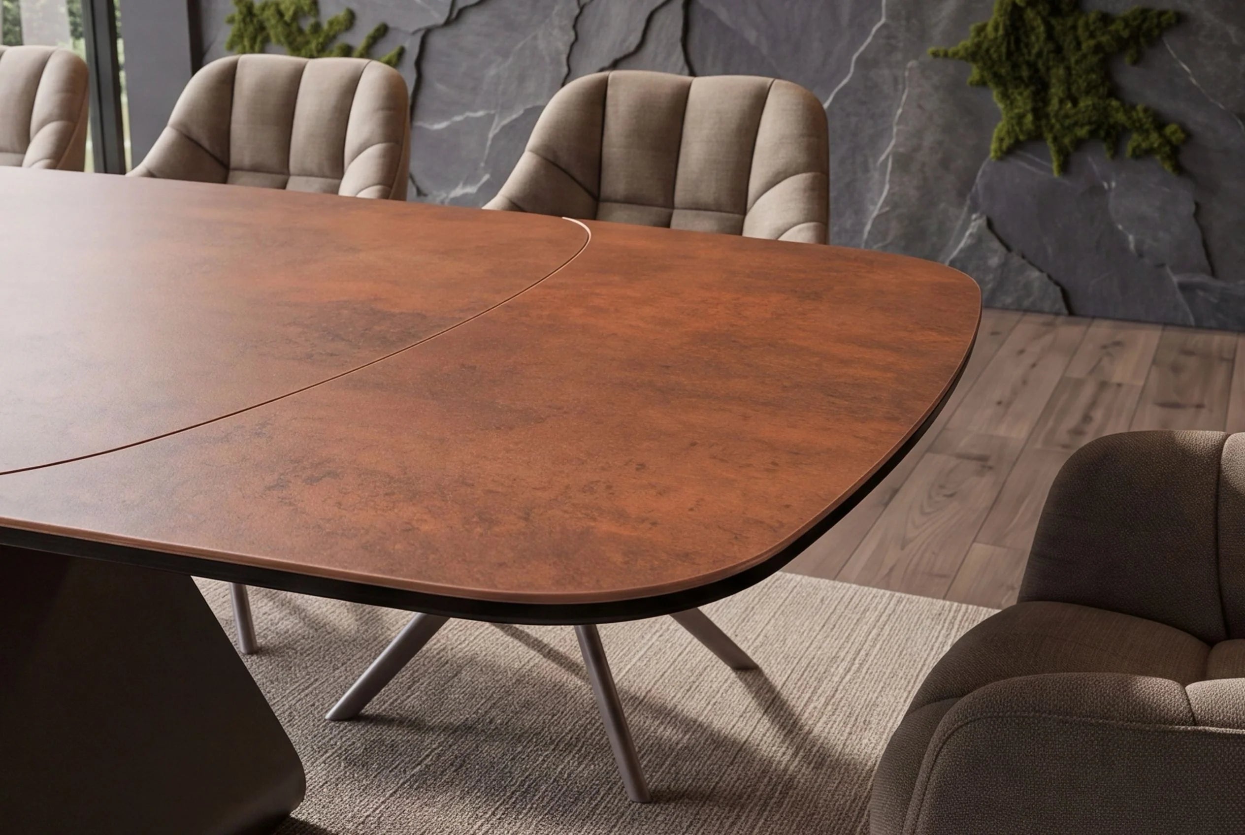 Nowoczesny stół rozkładany optyka rdzy z  blatem ceramicznym i designerską metalową podstawą