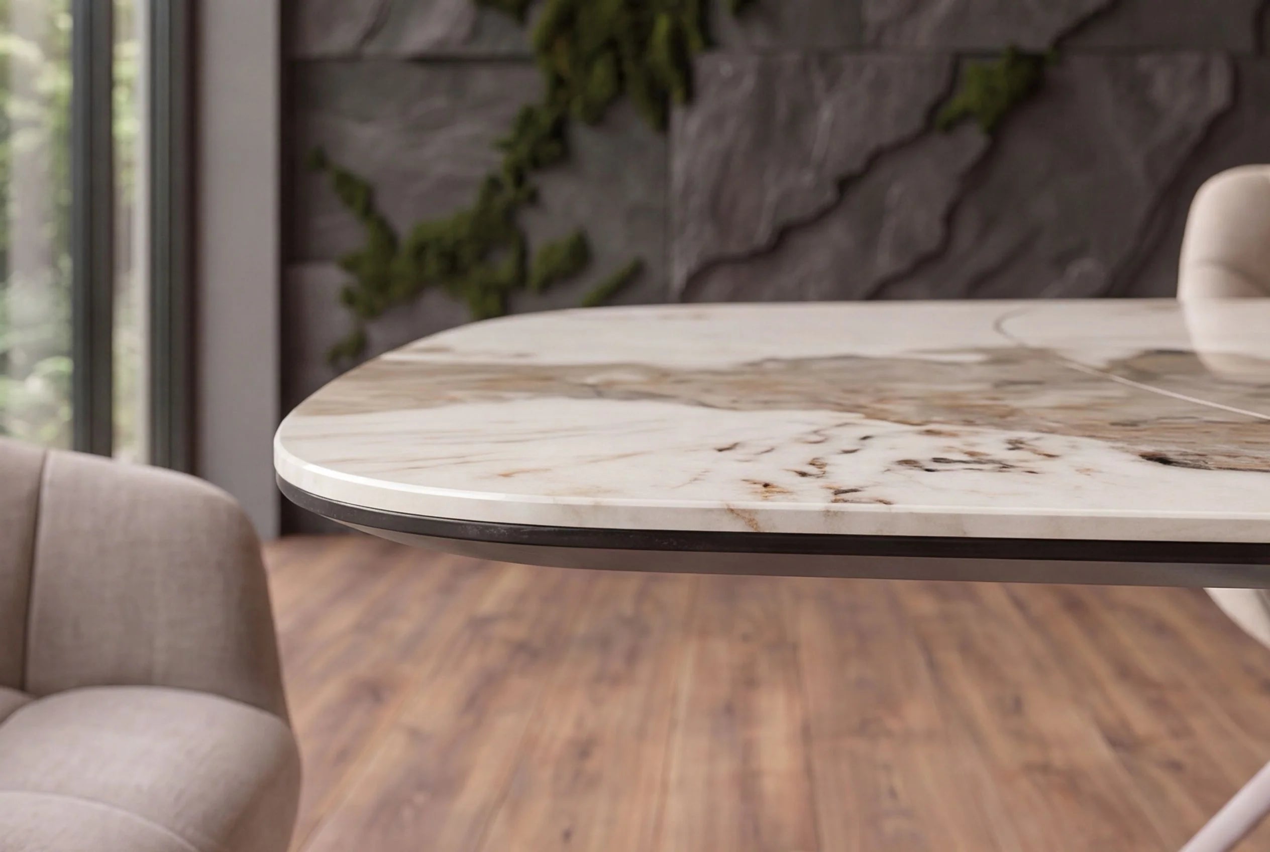 Stół rozkładany INFINITY z  blatem ceramicznym imitującym marmur i metalową podstawą.