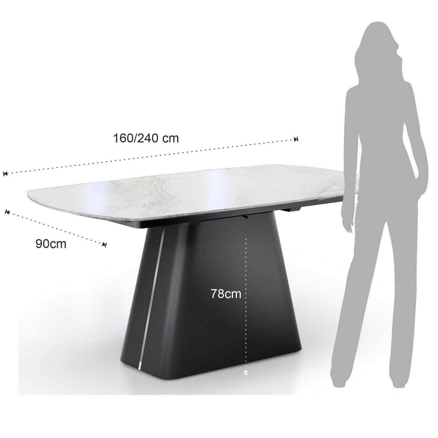 WŁOSKI STÓŁ ERAN ROZKŁADANY OBROTOWO 160 (240) CM CZARNA PODSTWA + CERAMIKA BIAŁY MARMUR/  5771 / TM -  Meblowy Sklep Internetowy Inventio