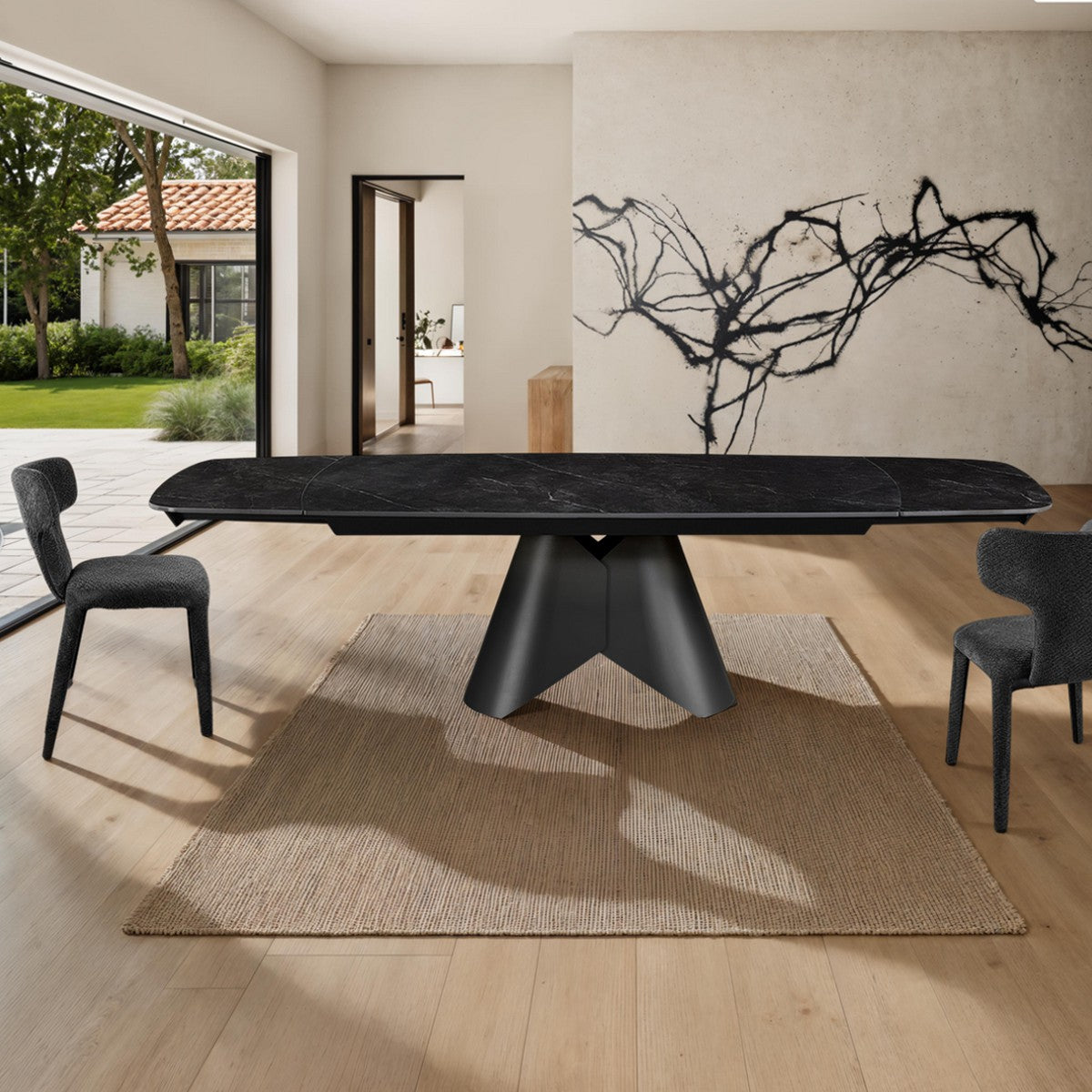 Stół rozkładany KAJA LARGE 200–300 cm z czarnym blatem ceramicznym i szarą podstawą
