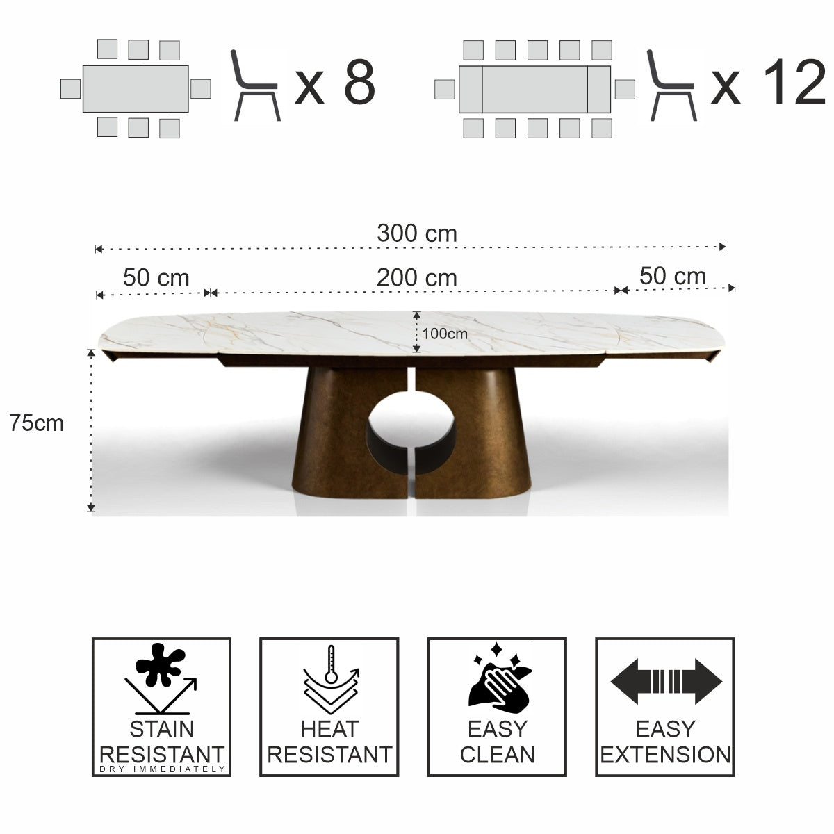 Wymiary stołu rozkładanego YATTA 200–300 x 100 cm