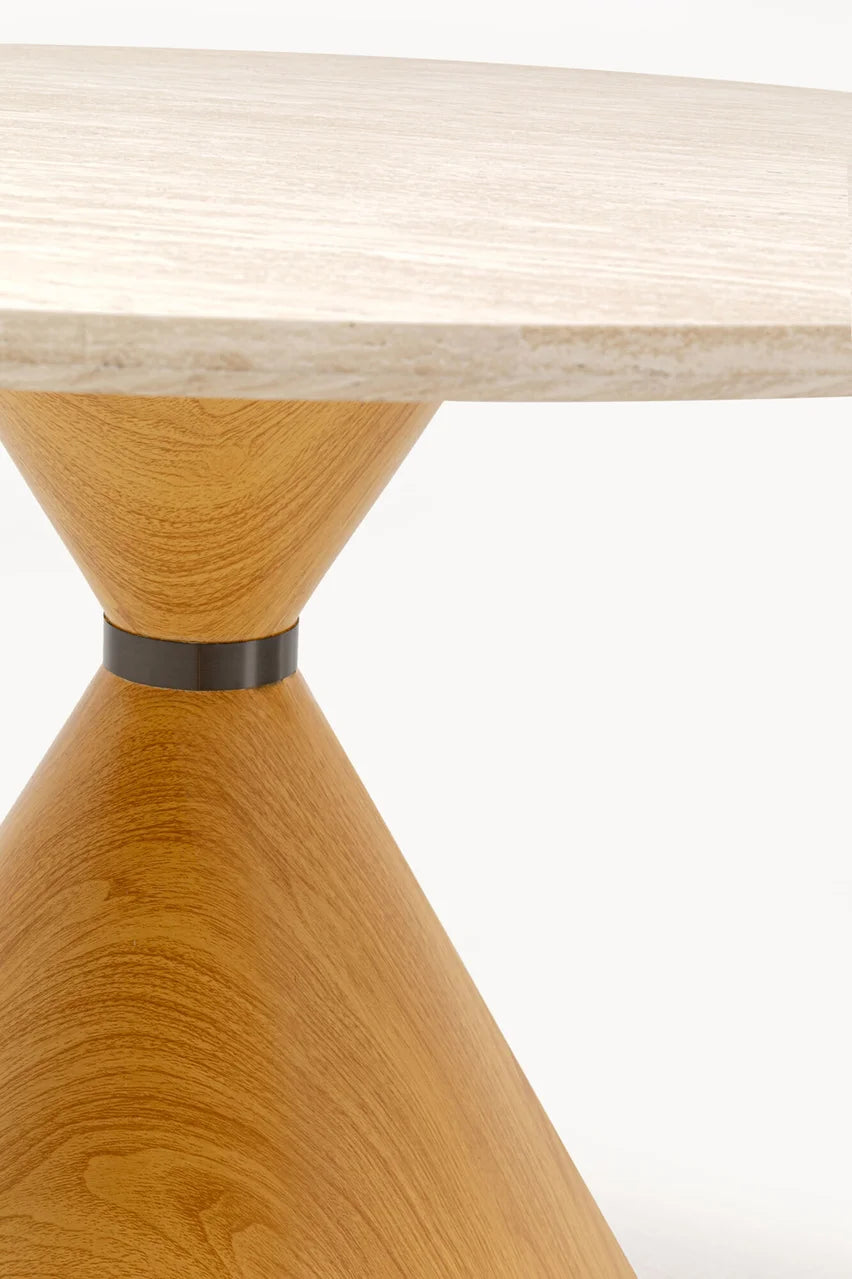 Stół okrągły z ceramicznym blatem imitującym jasny kamień