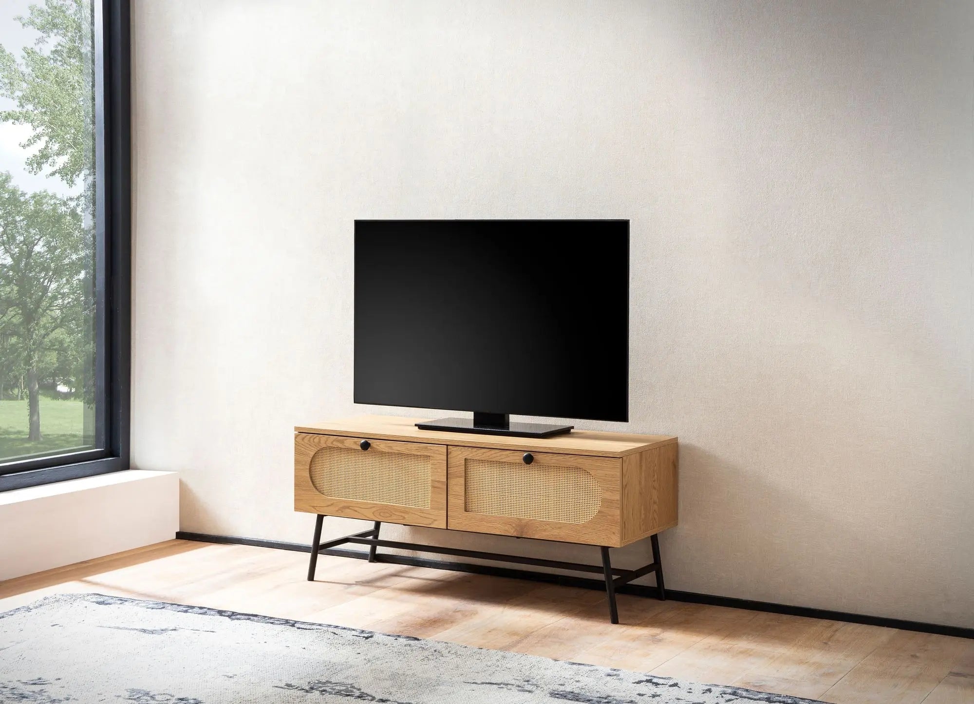 SZAFKA RTV WOHNLING 100 CM OPTYKA DĄB / RATAN / WL6.889 WOHNLING