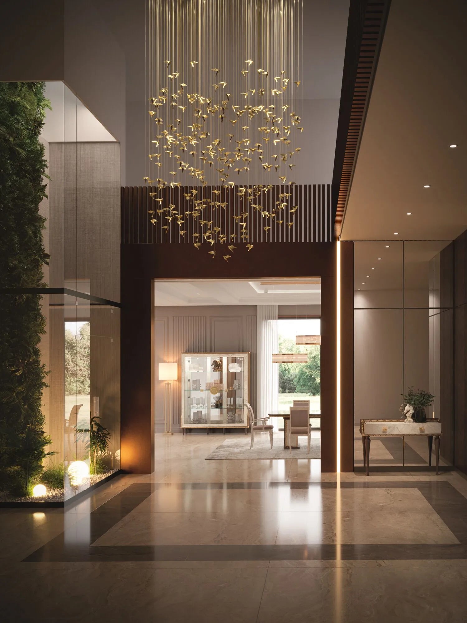 Konsola Arredoclassic Romantica z optyka marmur Carrara i orzech ze złotymi uchwytami