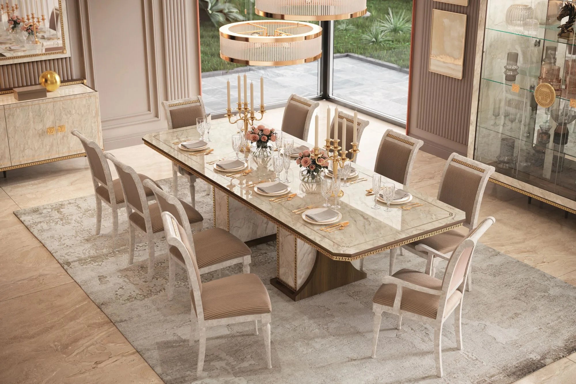 Włoska witryna Arredoclassic Romantica optyka marmur Carrara,orzech,  szklane drzwiczki i złote uchwyty