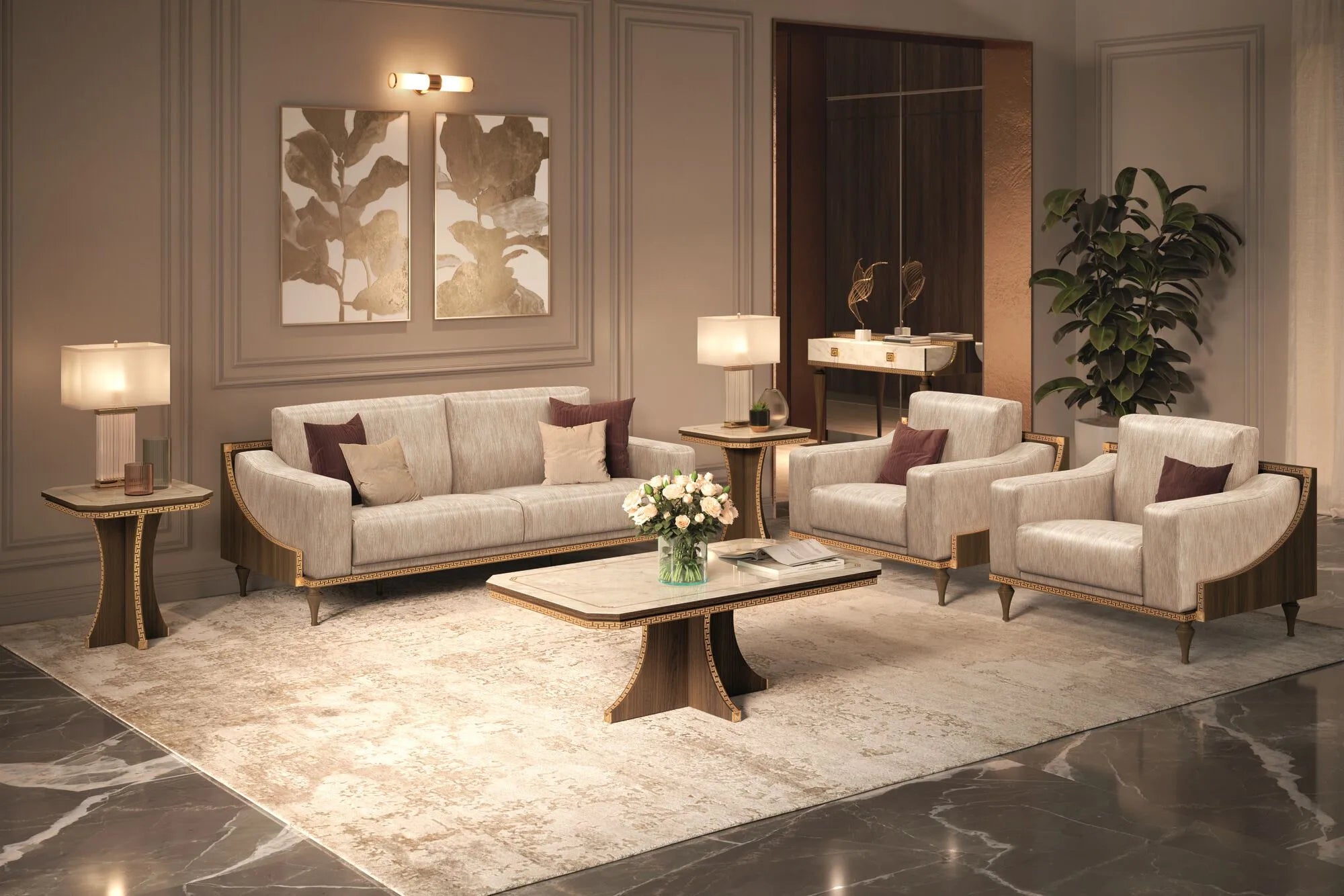 Sofa włoska Arredoclassic Romantica beżowa z ramą w optyce orzecha