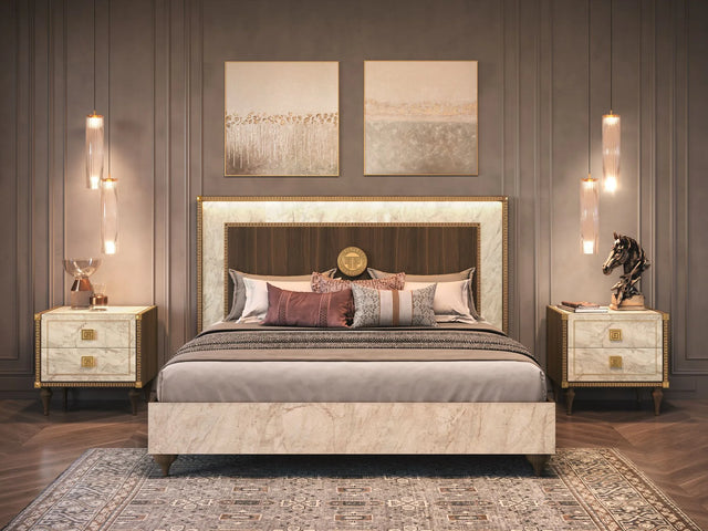 Włoskie łóżko Arredoclassic Romantica optyka marmuru Carrara i drewna orzechowego, ze złotymi zdobieniami i dekoracyjnym wezgłowiem