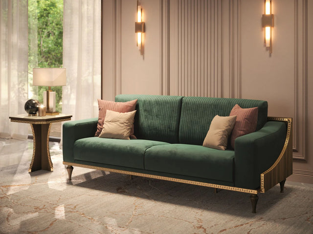 Włoski stolik kawowy 60 cm Arredoclassic Romantica optyka marmuru Carrara i orzecha, ze złotymi detalami i dekoracyjną podstawą