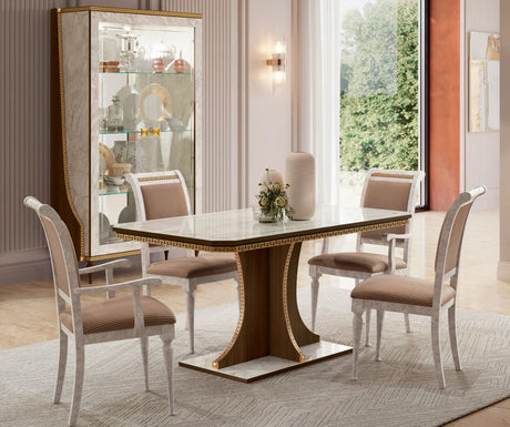 Włoski stół do jadalni Arredoclassic Romantica optyka  marmur Carrara i orzech, ze złotymi detalami i motywem meandra