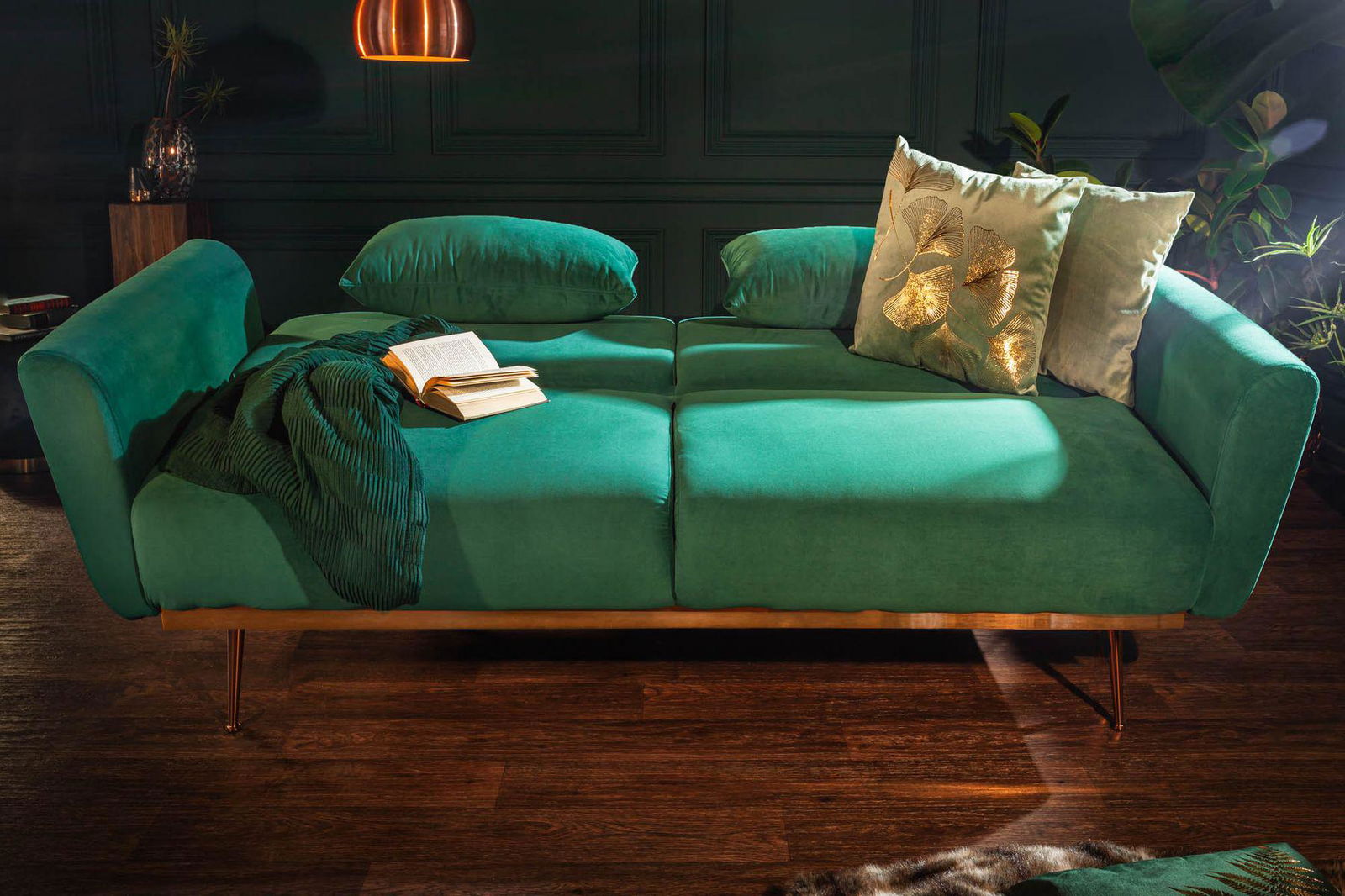 Bellezza sofa rozkładana 208 cm szmaragdowy aksamit / 39914 / INVICTA INTERIOR