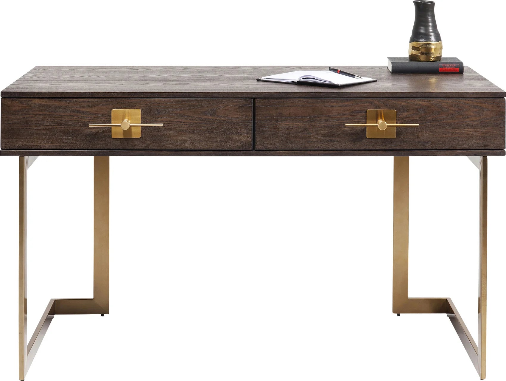 Biurko Osaka z ciemnym blatem, dwiema szufladami i złotą stalową podstawą