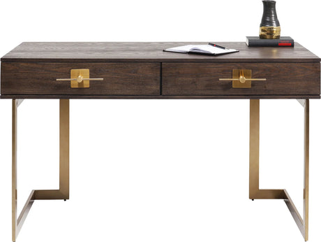 Biurko Osaka z ciemnym blatem, dwiema szufladami i złotą stalową podstawą
