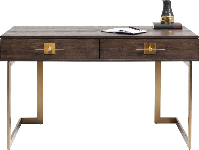 Biurko Osaka z ciemnym blatem, dwiema szufladami i złotą stalową podstawą