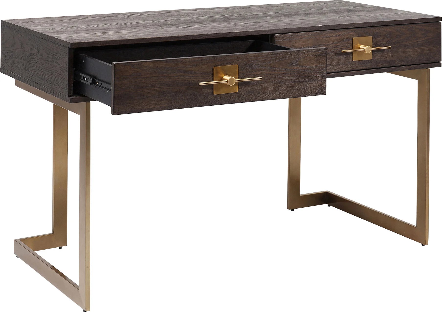 Biurko Osaka z ciemnym blatem, dwiema szufladami i złotą stalową podstawą