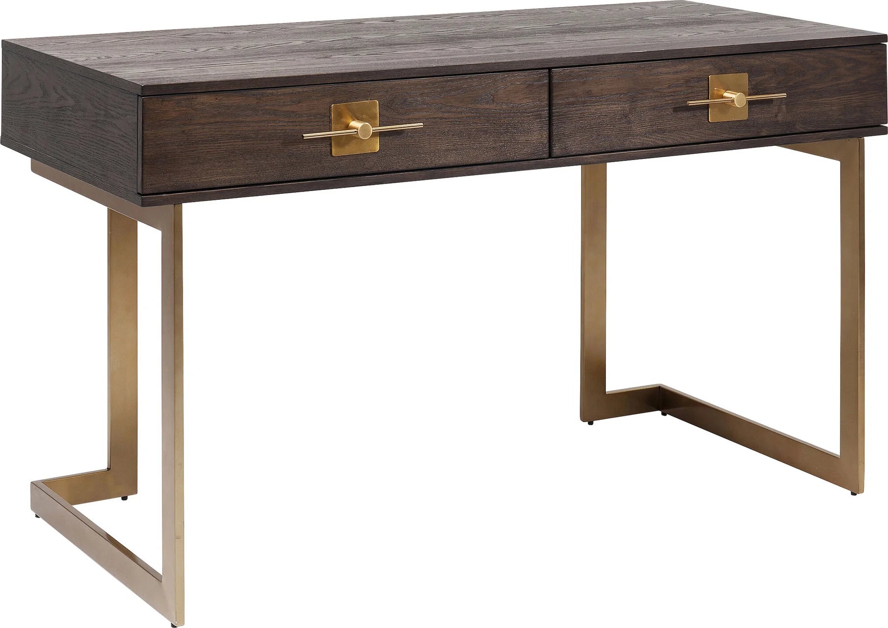Biurko Osaka z ciemnym blatem, dwiema szufladami i złotą stalową podstawą