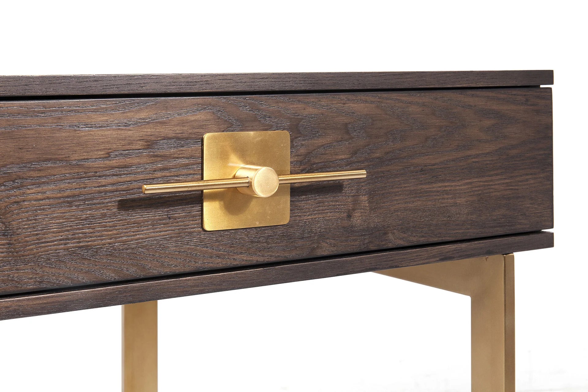 Biurko Osaka z ciemnym blatem, dwiema szufladami i złotą stalową podstawą