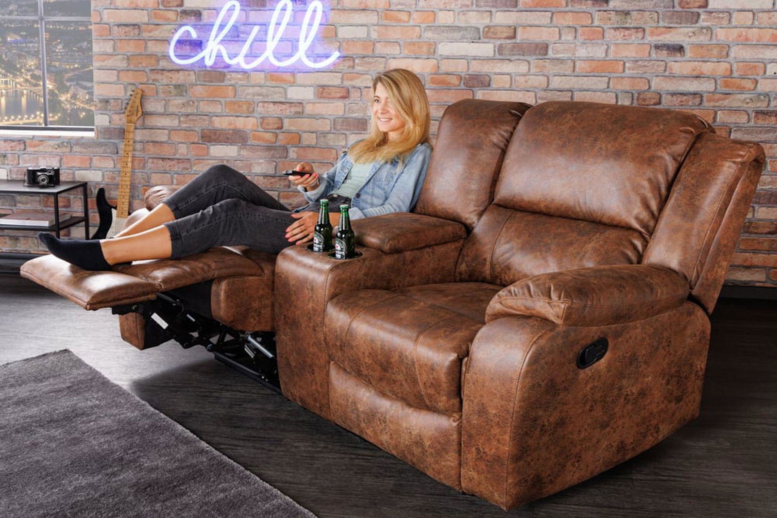 FOTEL HOLLYWOOD KINOWY 2 OSOBOWY IMITACJA SKÓRY ANTYCZNY BRĄZ 188 CM / 42811 / INVICTA INTERIOR