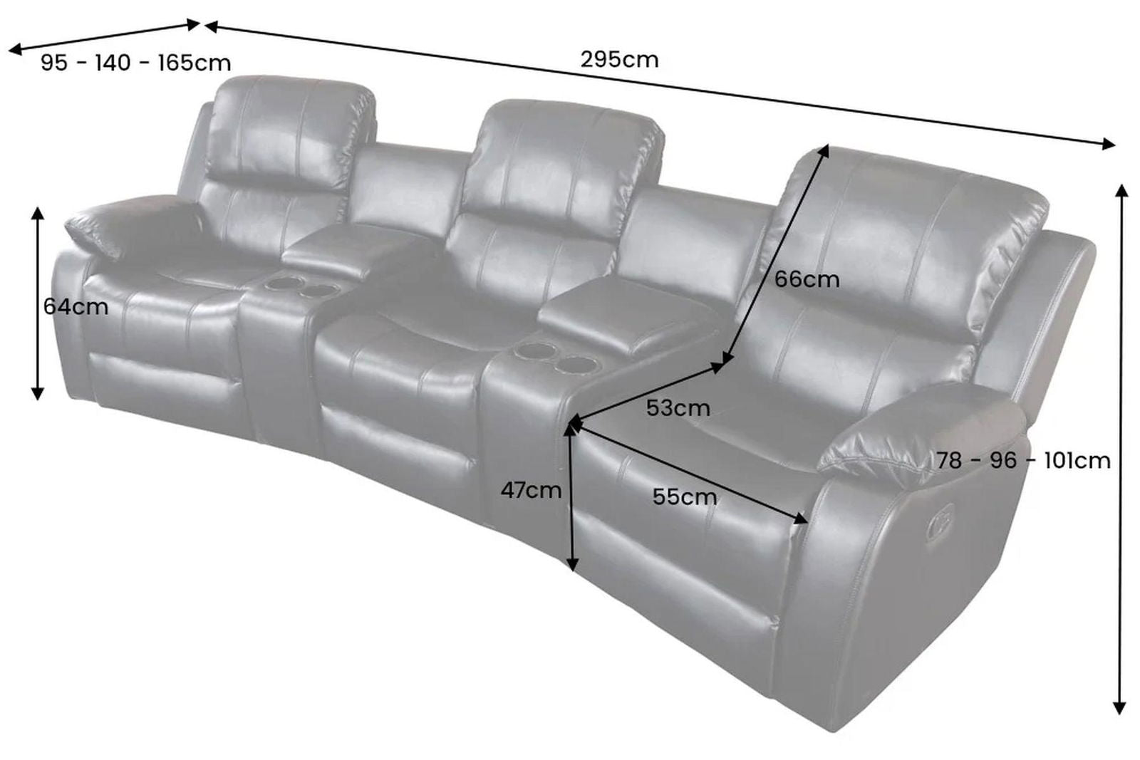 FOTEL HOLLYWOOD KINOWY 3 OSOBOWY IMITACJA SKÓRY CZARNY 295 CM / 42813 / INVICTA INTERIOR