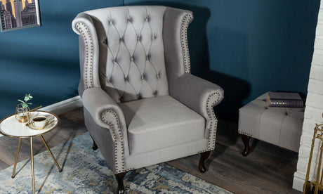 Fotel Chesterfield srebrno-szary aksamit / 39849  / INVICTA INTERIOR