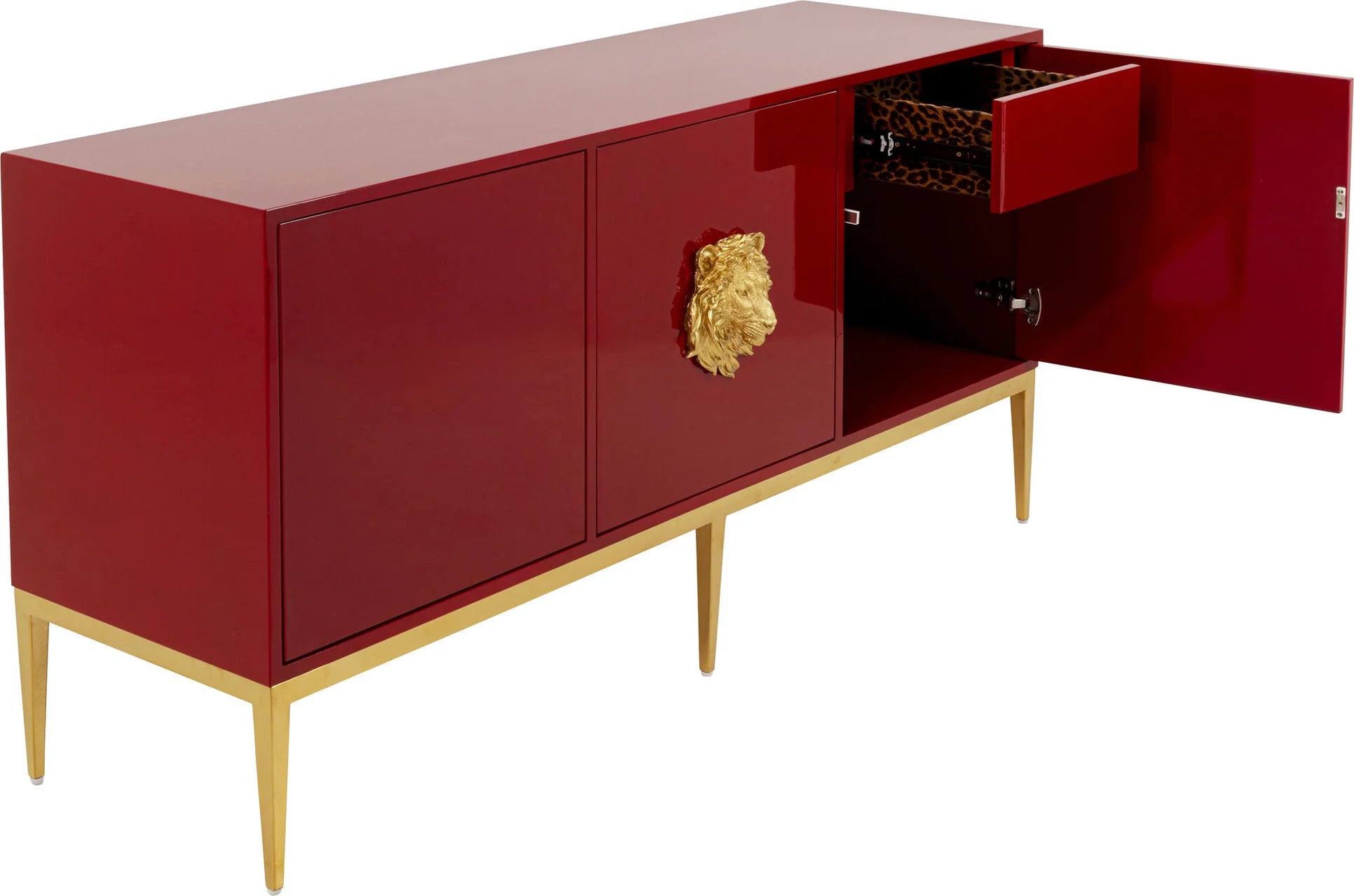 Czerwona nowoczesna komoda 3-drzwiowa ze złotymi nogami, prostokątny blat, uchwyt głowa lwa, wykończenie lakierowane tytanowe