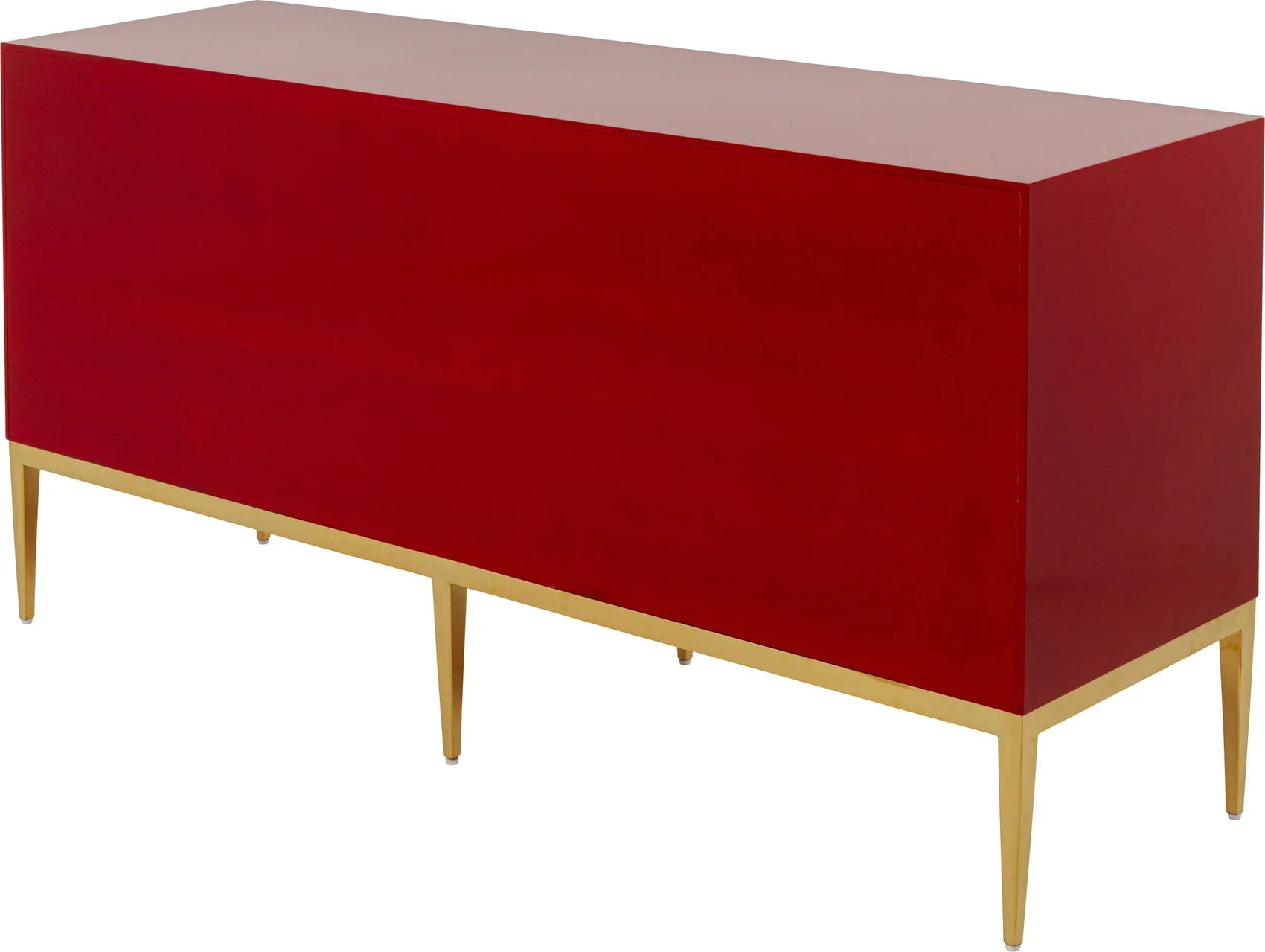 Czerwona nowoczesna komoda 3-drzwiowa ze złotymi nogami, prostokątny blat, uchwyt głowa lwa, wykończenie lakierowane tytanowe