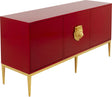 Czerwona nowoczesna komoda 3-drzwiowa ze złotymi nogami, prostokątny blat, uchwyt głowa lwa, wykończenie lakierowane tytanowe
