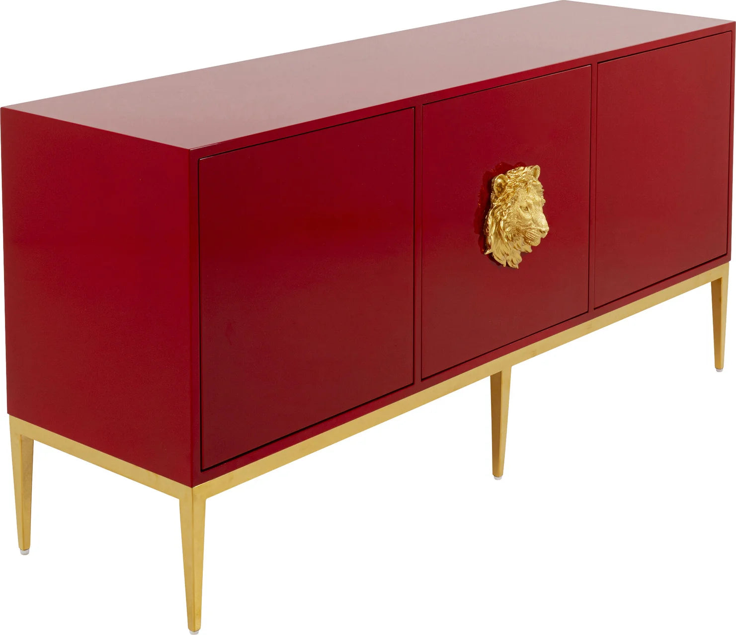 Czerwona nowoczesna komoda 3-drzwiowa ze złotymi nogami, prostokątny blat, uchwyt głowa lwa, wykończenie lakierowane tytanowe