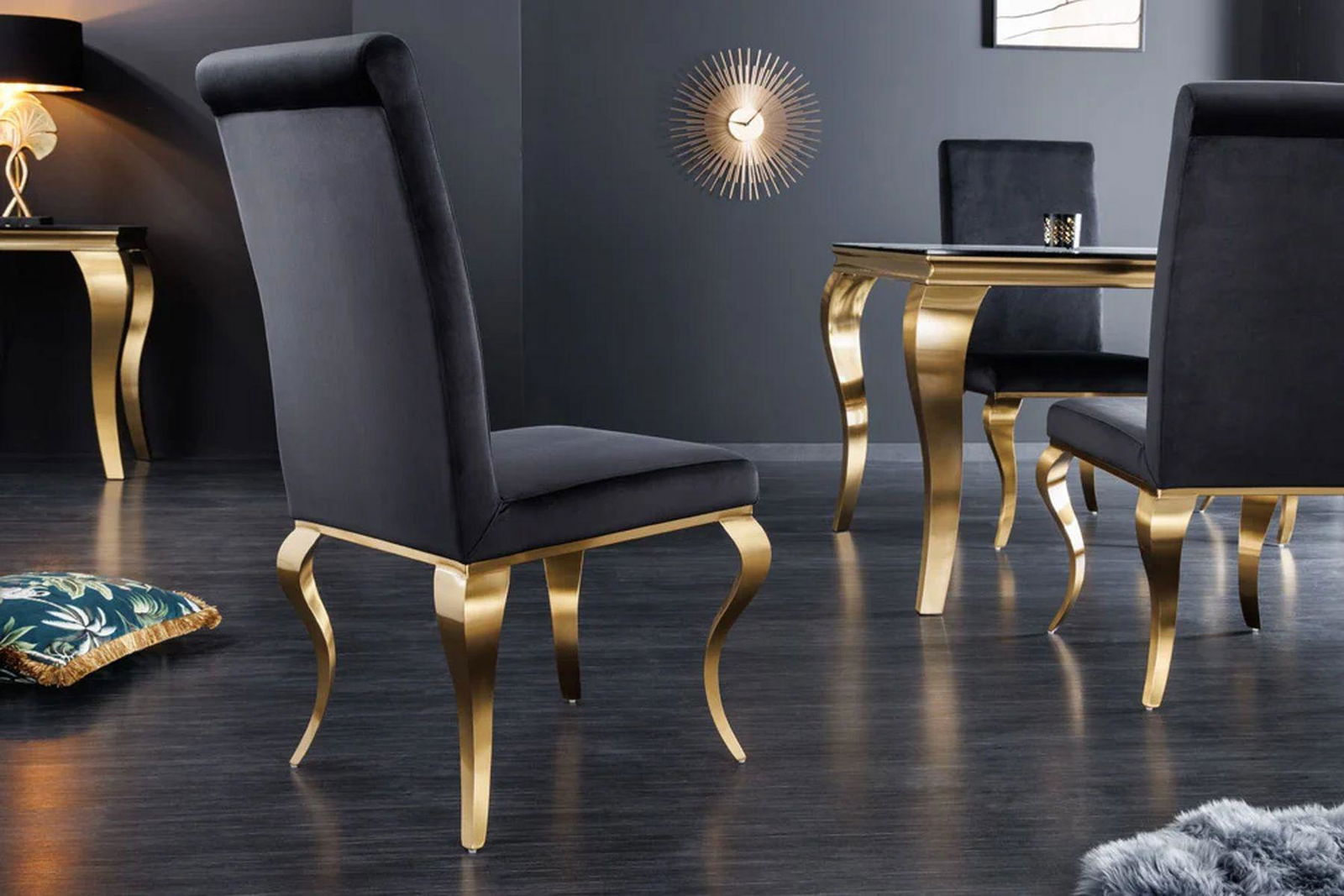 KRZESŁO TAPICEROWANE MODERN BAROCK CZARNY AKSAMIT ZŁOTE NOGI / 42316 / INVICTA INTERIOR