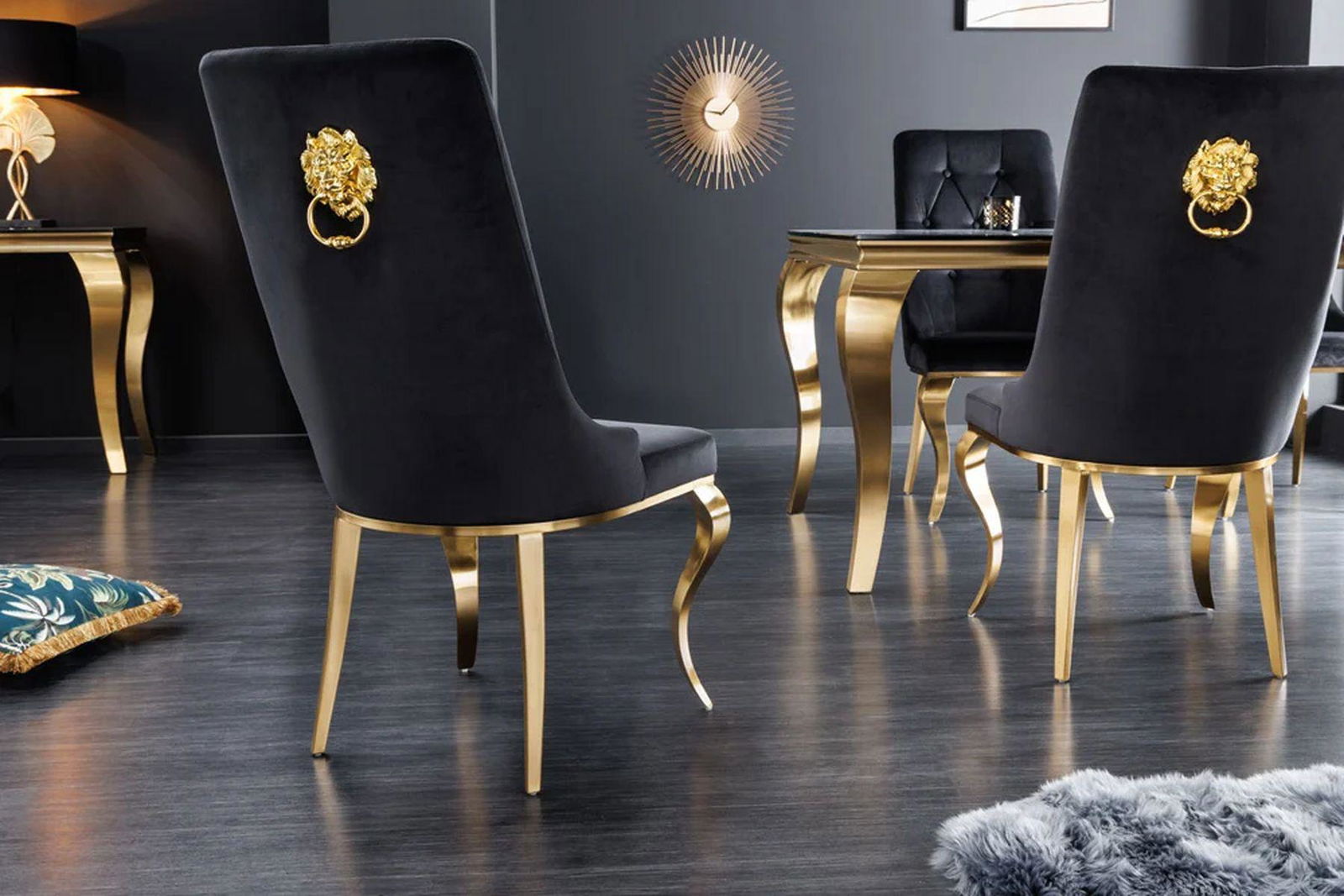 KRZESŁO TAPICEROWANE MODERN BAROCK CZARNY AKSAMIT ZŁOTE NOGI / 42317 / INVICTA INTERIOR