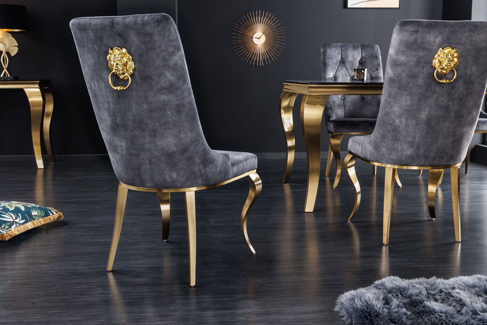 KRZESŁO TAPICEROWANE MODERN BAROCK SZARY AKSAMIT ZŁOTE NOGI / 42318 / INVICTA INTERIOR