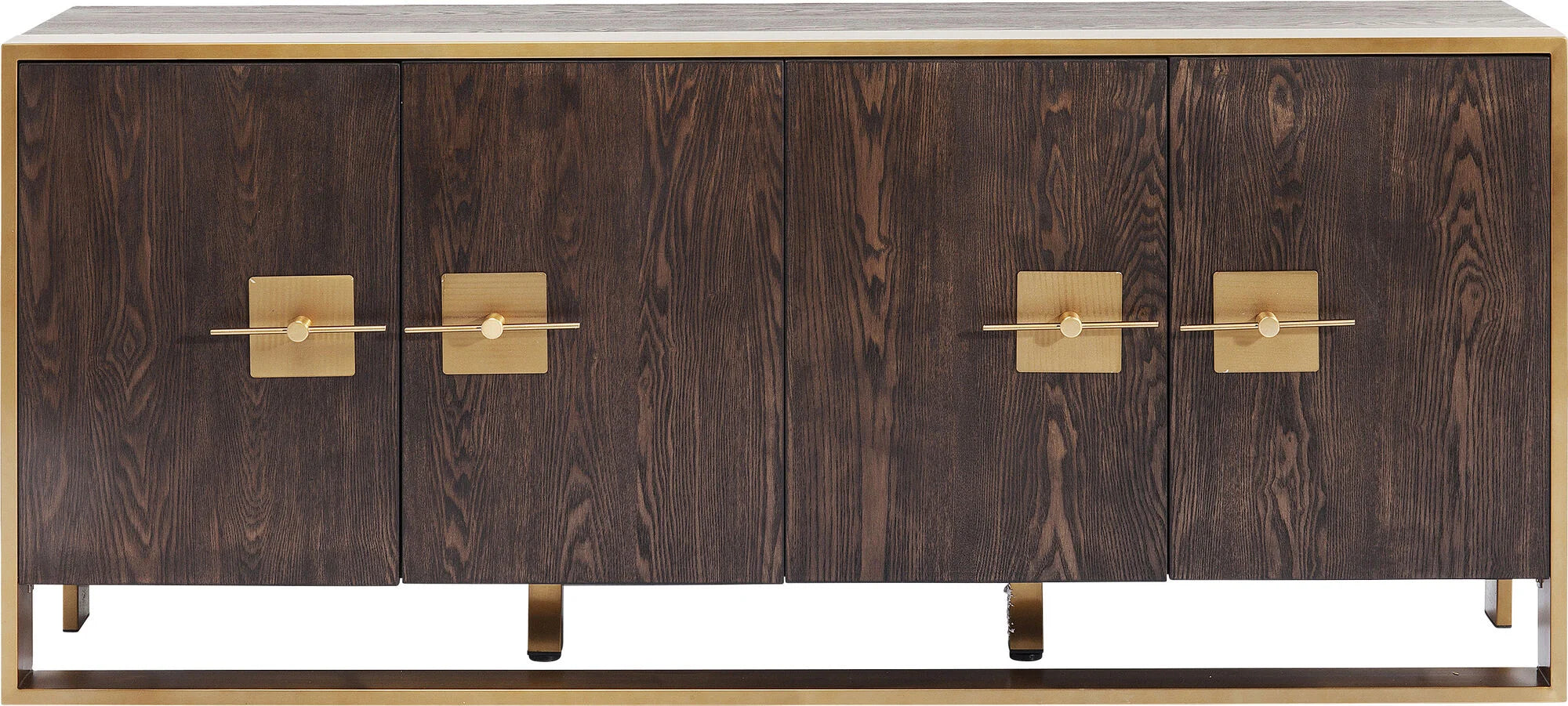 Komoda Osaka z fornirowanymi frontami i złotą stalową podstawą oraz ozdobnymi uchwytami w kolorze złotym
