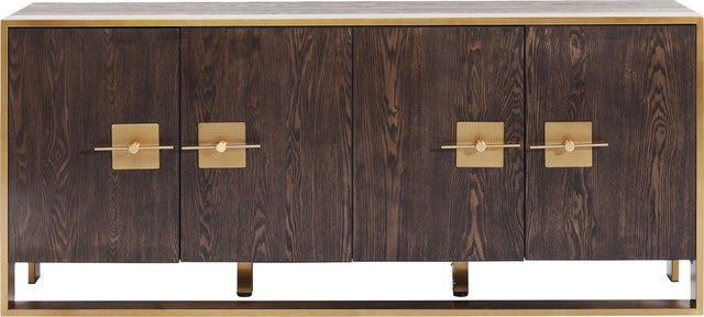 Komoda Osaka z fornirowanymi frontami i złotą stalową podstawą oraz ozdobnymi uchwytami w kolorze złotym