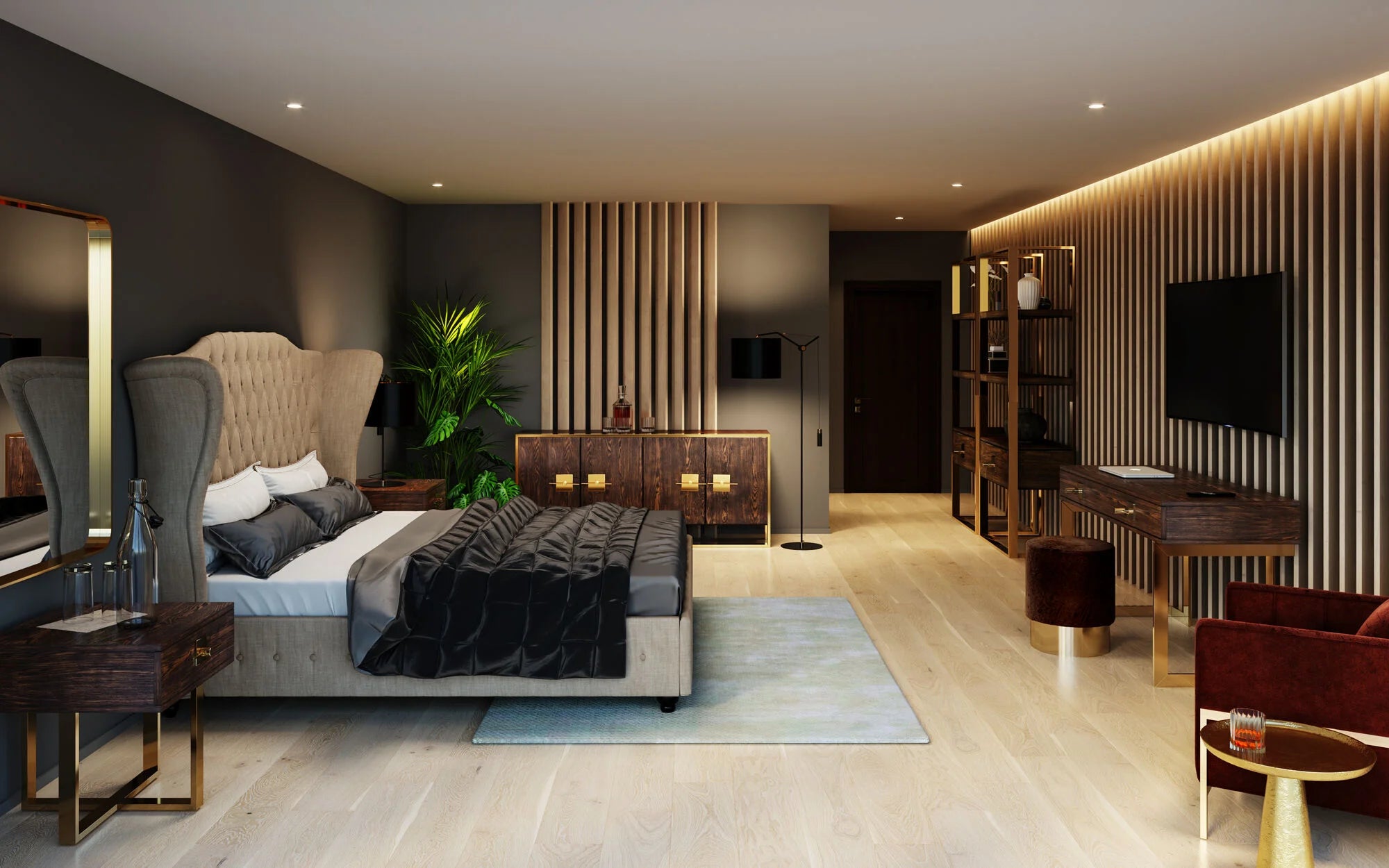 Komoda Osaka z fornirowanymi frontami i złotą stalową podstawą oraz ozdobnymi uchwytami w kolorze złotym