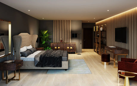 Komoda Osaka z fornirowanymi frontami i złotą stalową podstawą oraz ozdobnymi uchwytami w kolorze złotym