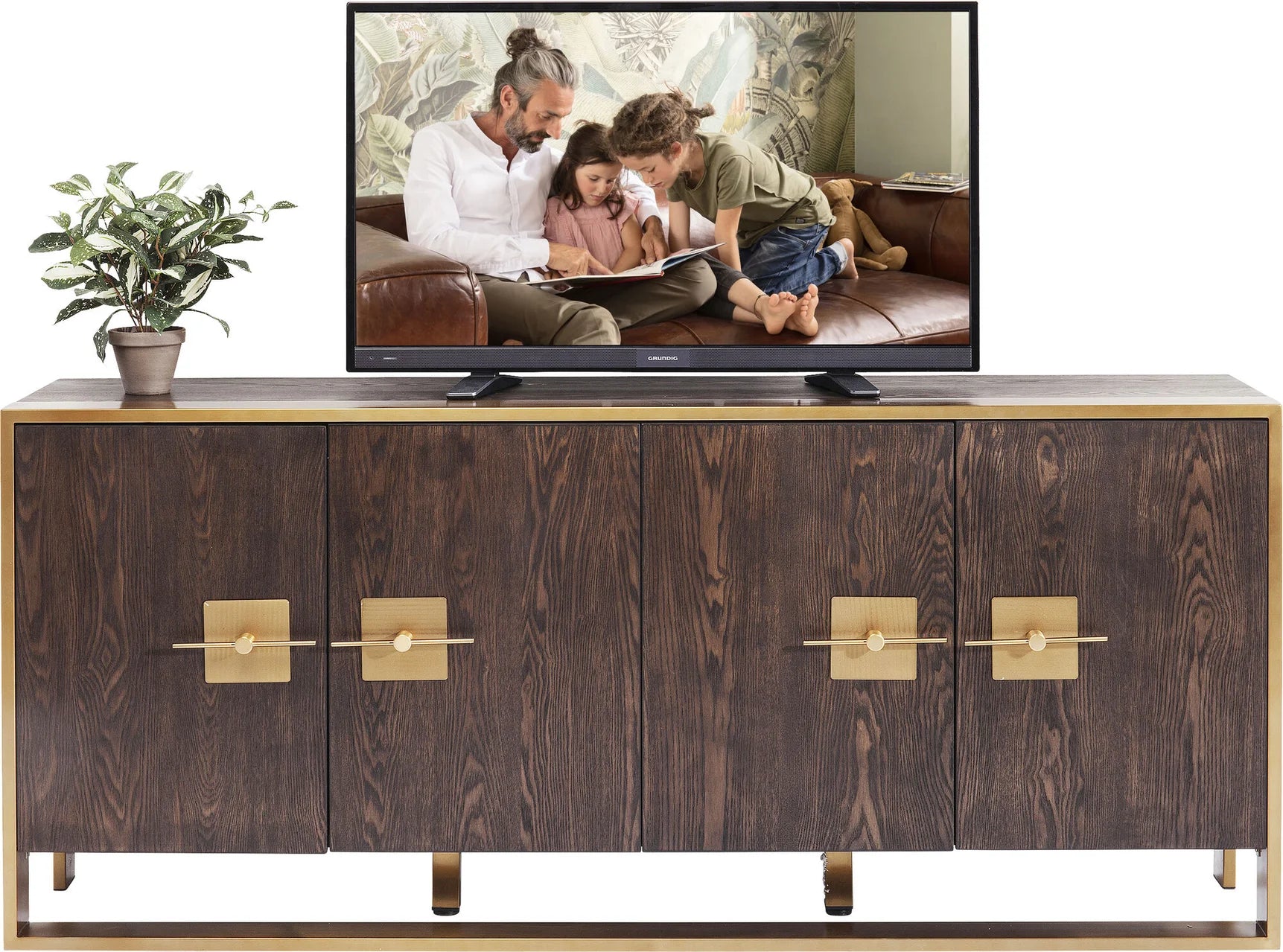 Komoda Osaka z fornirowanymi frontami i złotą stalową podstawą oraz ozdobnymi uchwytami w kolorze złotym