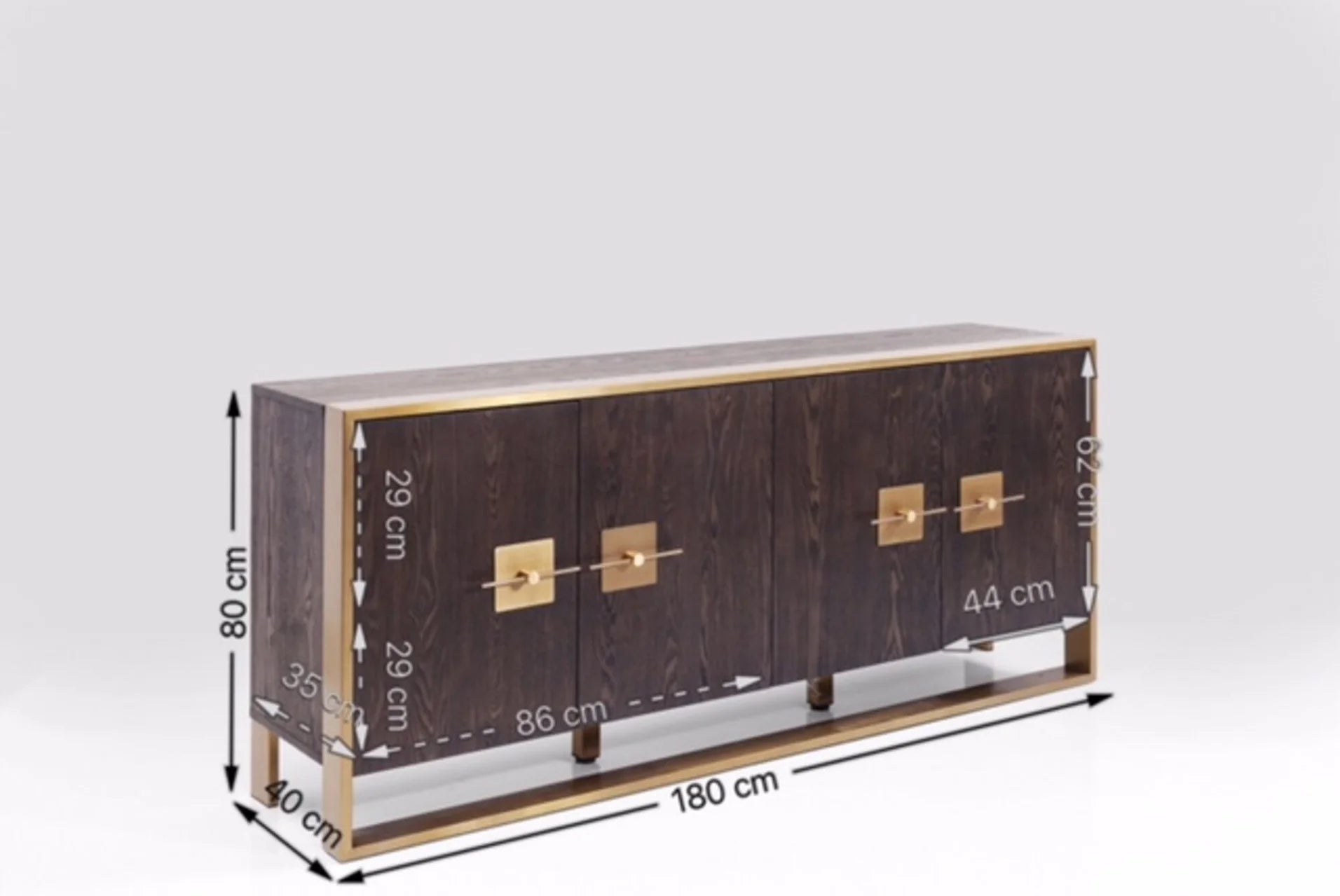 Komoda Osaka z fornirowanymi frontami i złotą stalową podstawą oraz ozdobnymi uchwytami w kolorze złotym