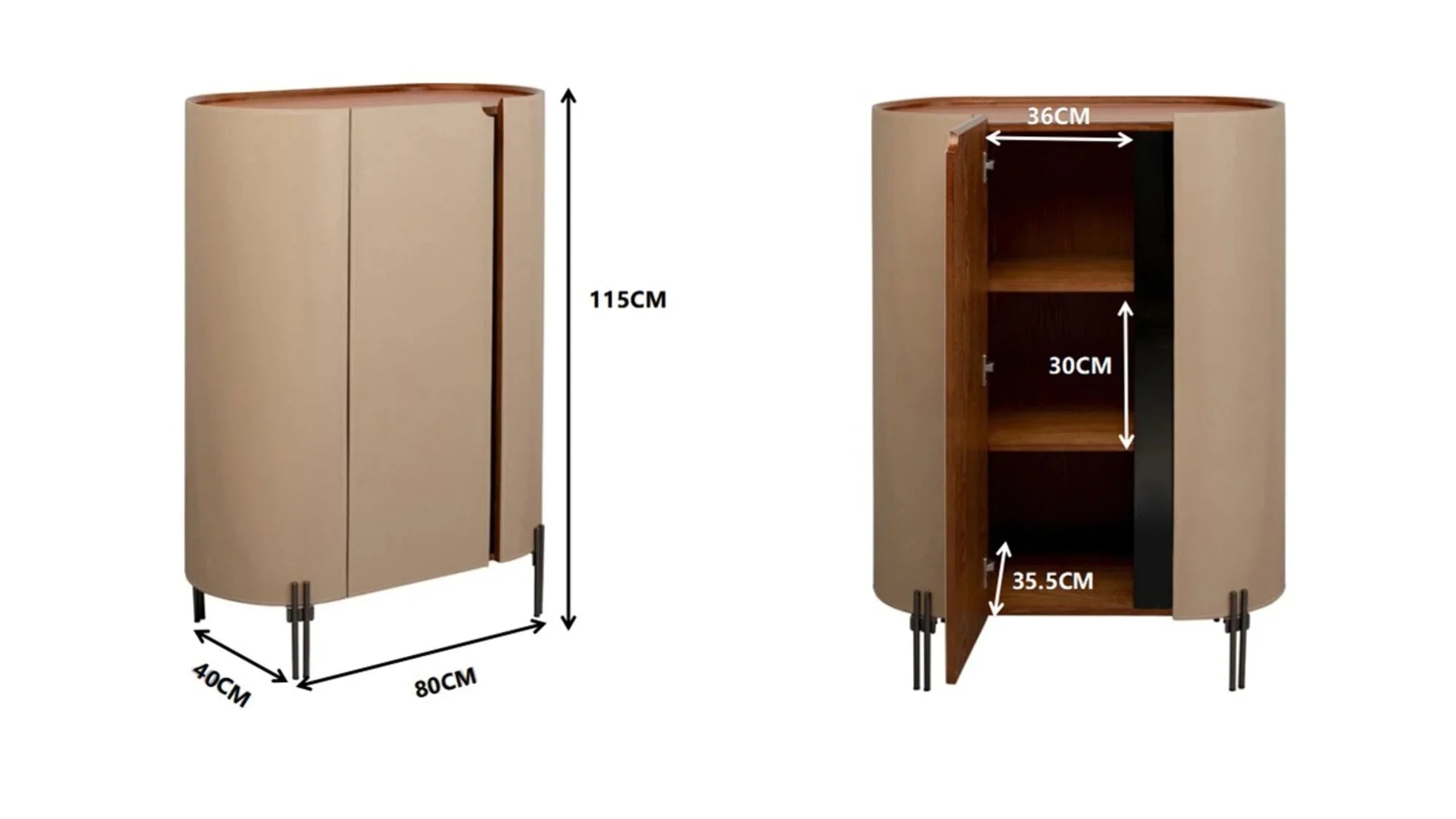 Beżowa komoda w ekoskórze na czarnych, stalowych nogach z zaoblonymi bokami i półkami w środku