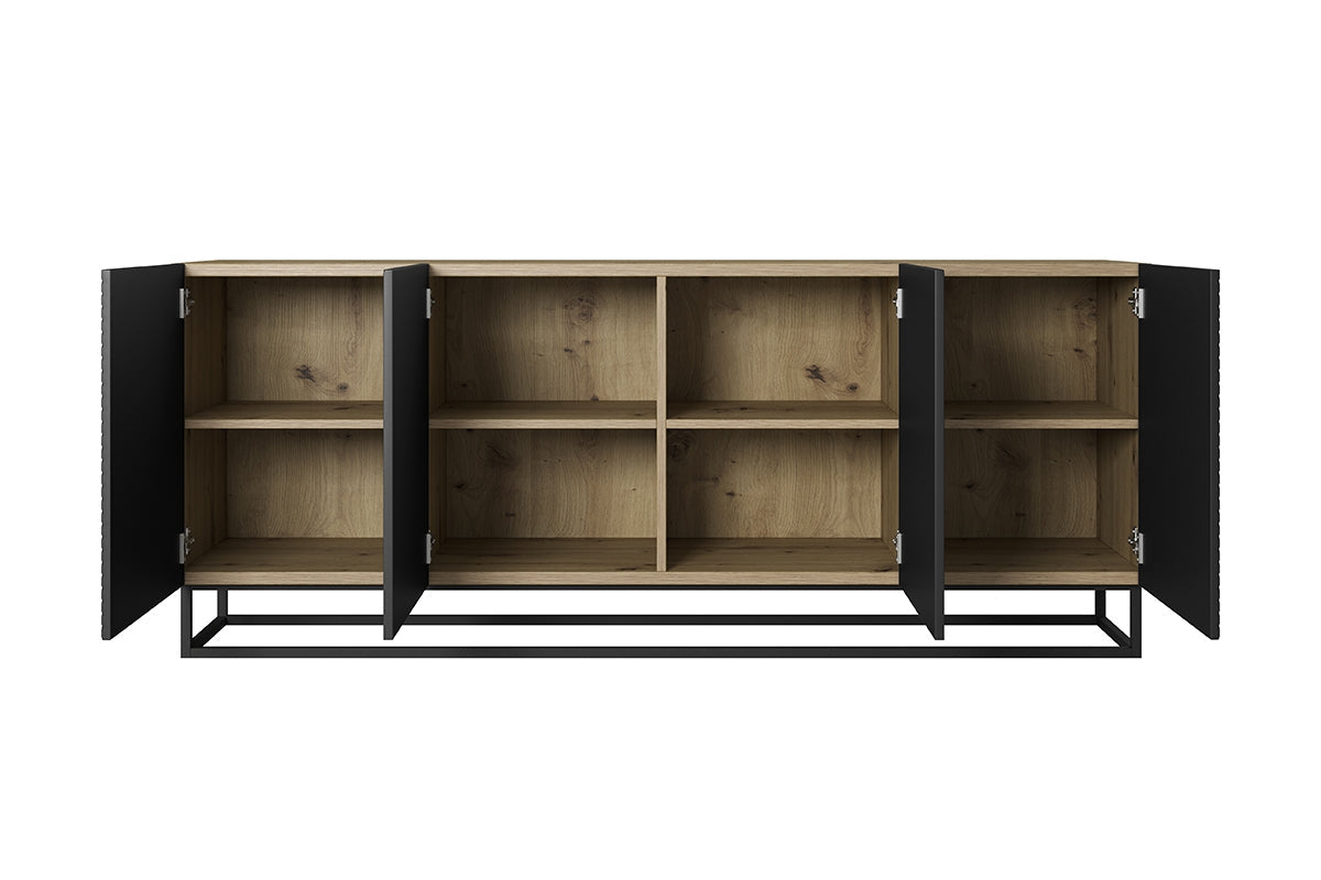 Komoda Asha 200 cm z ryflowanym frontem i metalowym stelażem - artisan / czarny mat
