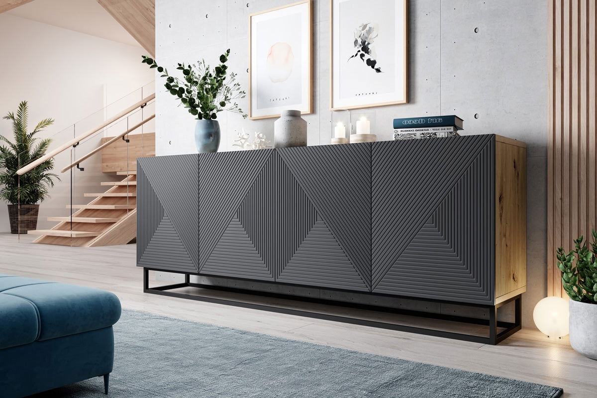 Komoda Asha 200 cm z ryflowanym frontem i metalowym stelażem - artisan / rivier stone mat
