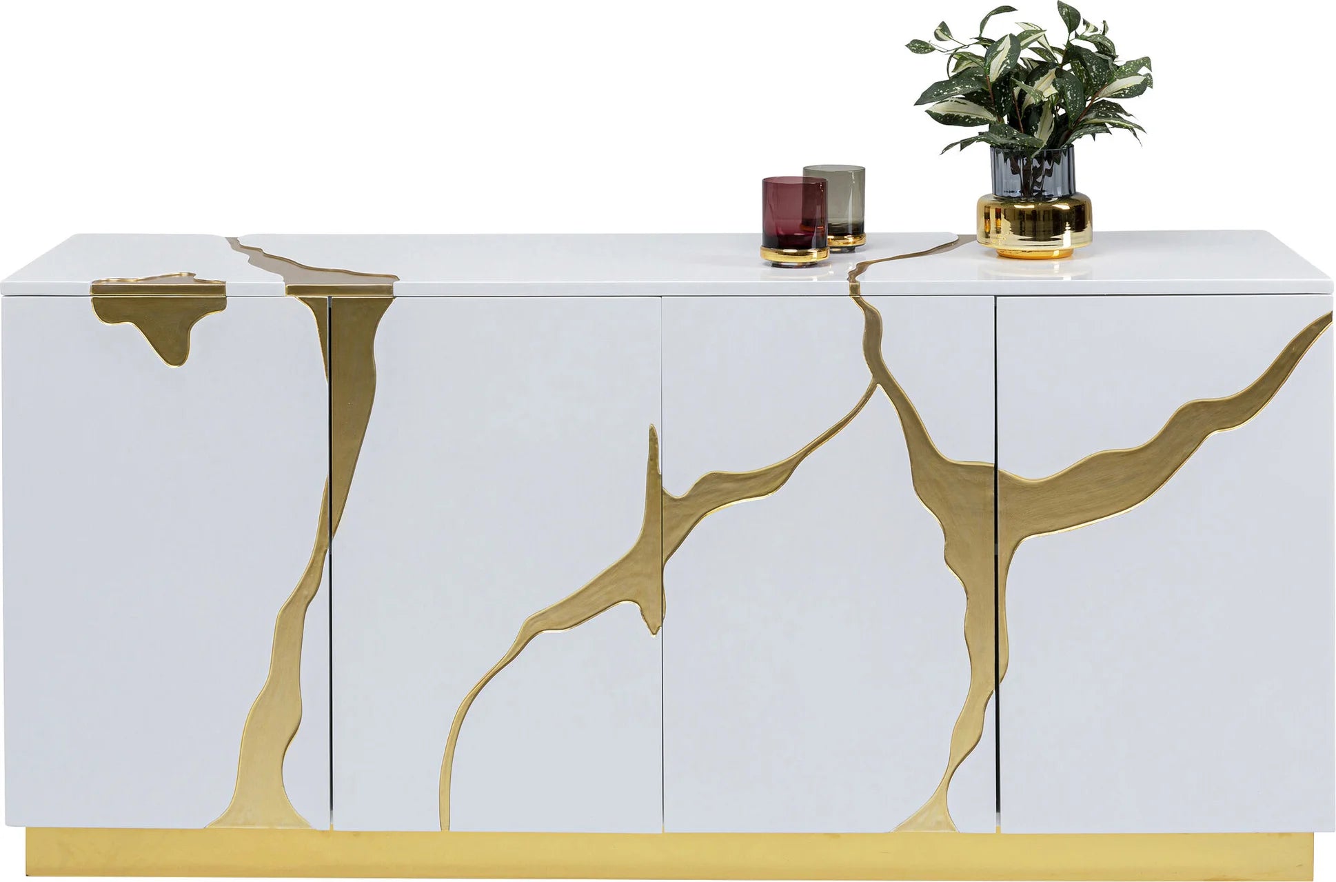Komoda biało-złota glamour z ręcznymi złotymi wzorami i podstawą ze stali, 4-drzwiowa