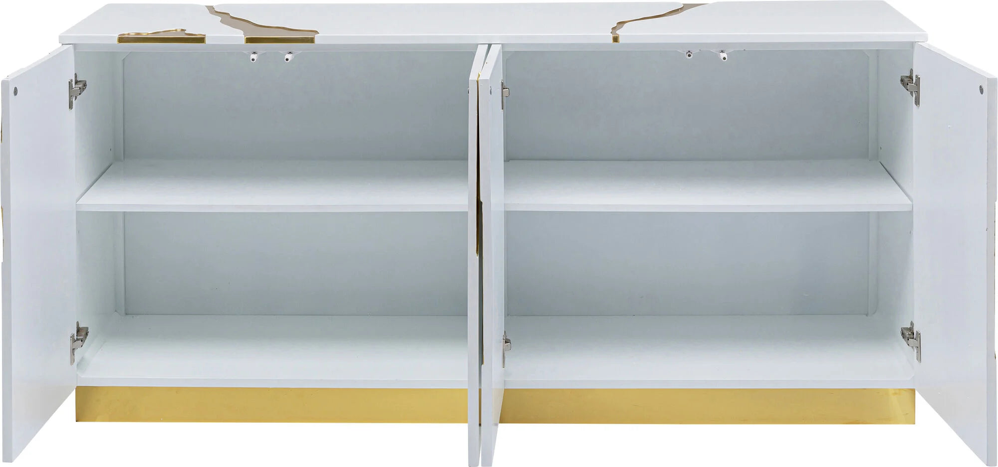 Komoda biało-złota glamour z ręcznymi złotymi wzorami i podstawą ze stali, 4-drzwiowa