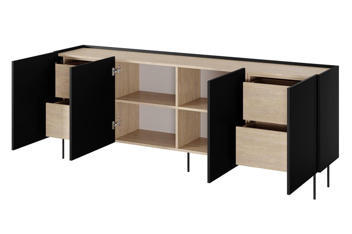 Komoda Desin z 4 ukrytymi szufladami 220 cm - czarny mat / dąb nagano