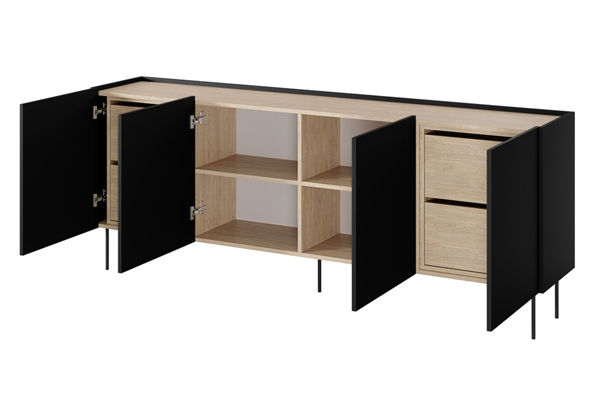 Komoda Desin z 4 ukrytymi szufladami 220 cm - czarny mat / dąb nagano