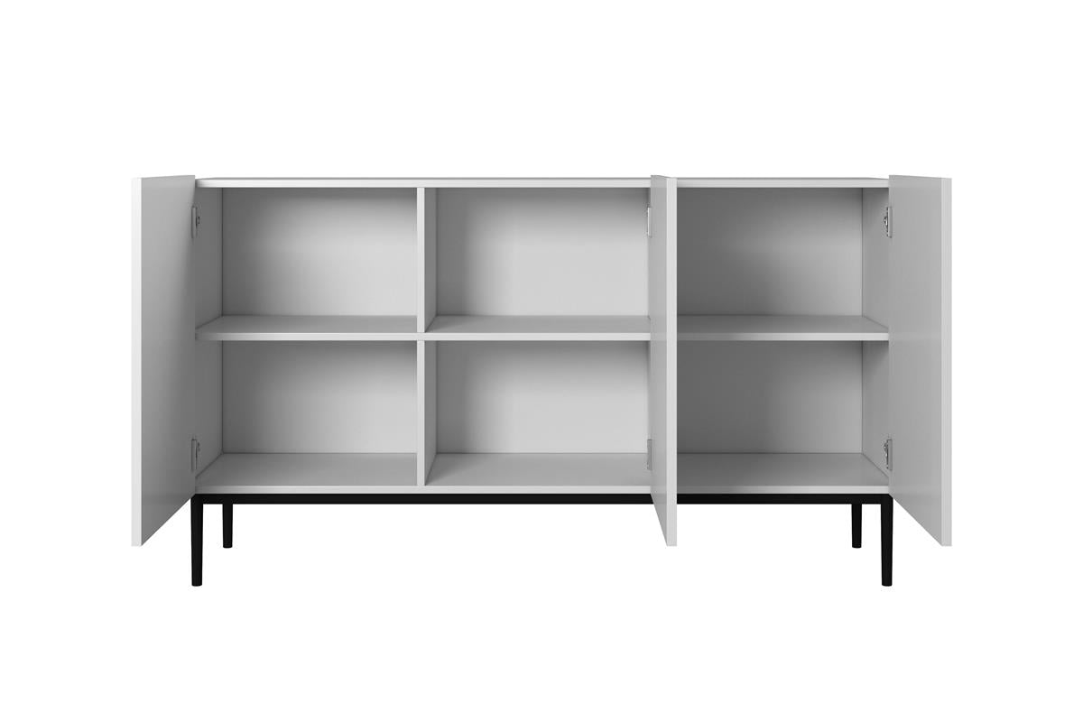 Komoda Nicole 150 cm z ryflowanym frontem i metalowymi nogami - biały mat / czarne nóżki