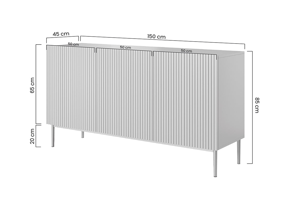 Komoda Nicole 150 cm z ryflowanym frontem i metalowymi nogami - granat / czarne nóżki