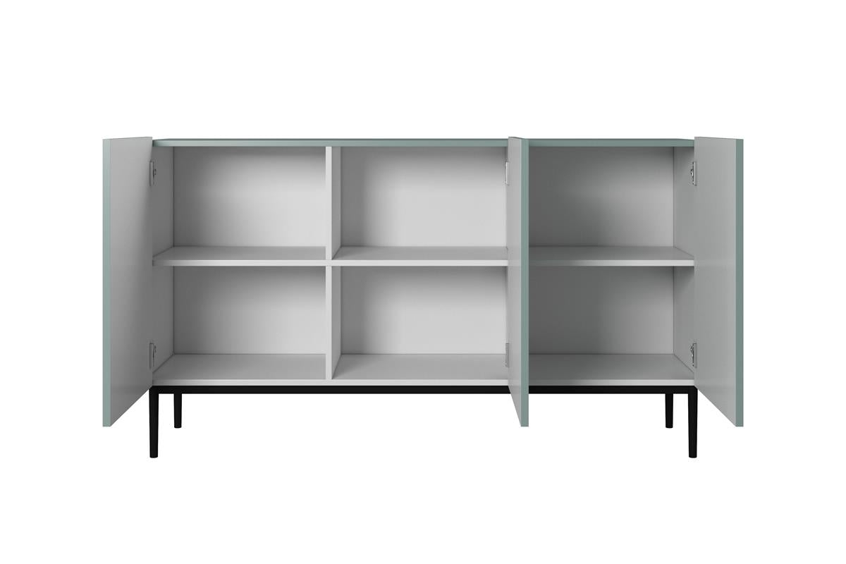 Komoda Nicole 150 cm z ryflowanym frontem i metalowymi nogami - szałwia / czarne nóżki