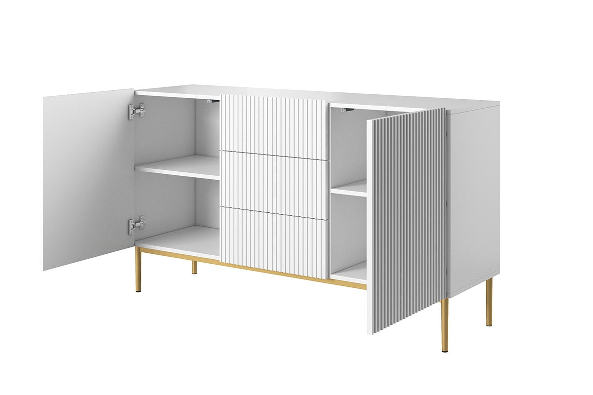 Komoda Nicole 150 cm z szufladami i metalowymi nogami - biały mat / złote nóżki