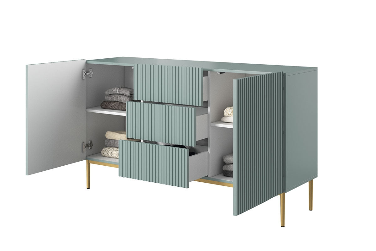 Komoda Nicole 150 cm z szufladami i metalowymi nogami - szałwia / złote nóżki