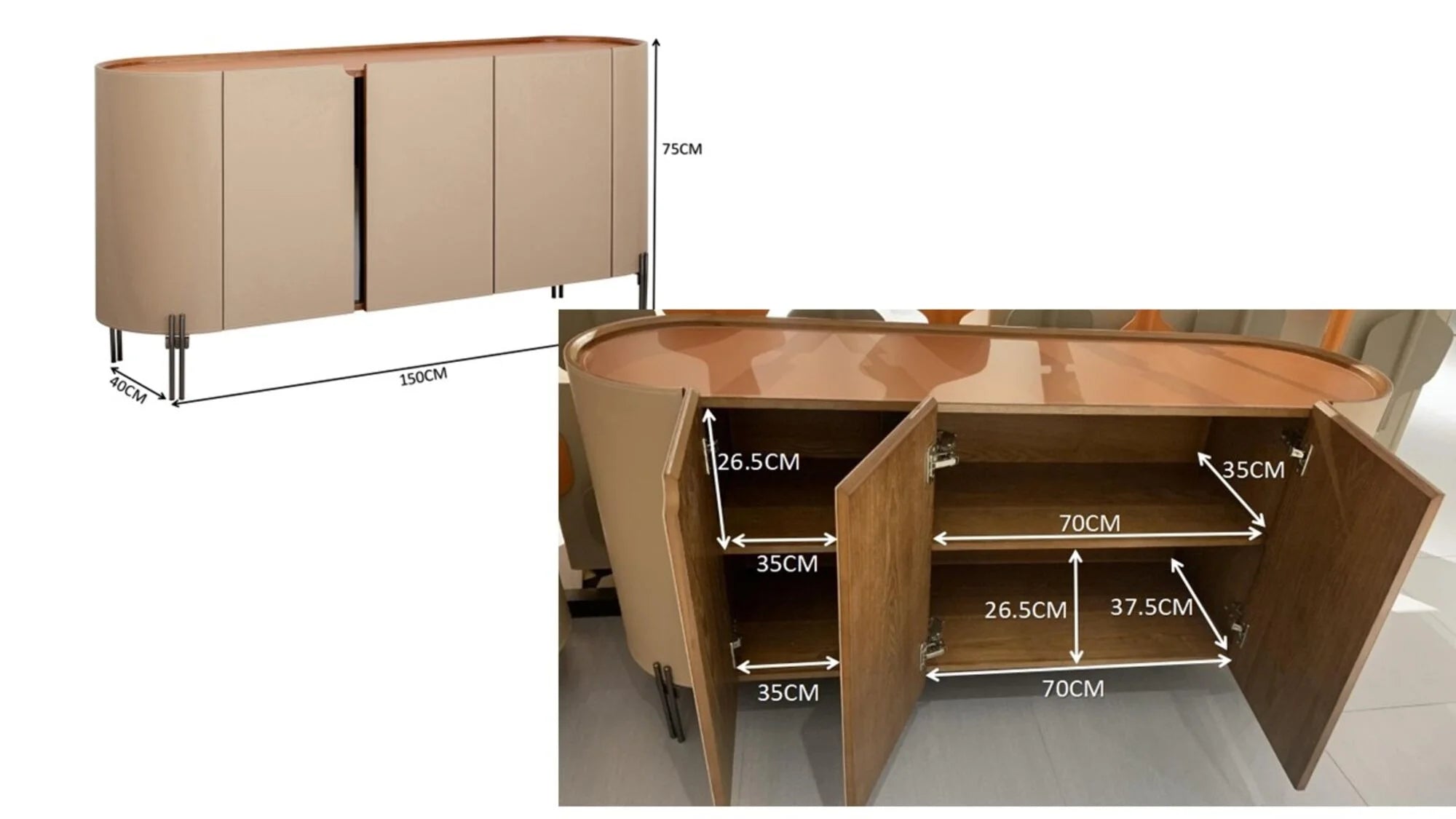 Beżowa komoda w ekoskórze na czarnych, stalowych nogach z zaoblonymi bokami i półkami w środku.