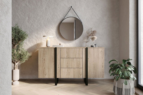 Komoda Verica z trzema szufladami i metalowymi nogami 150 cm - dąb biszkoptowy / czarne nóżki